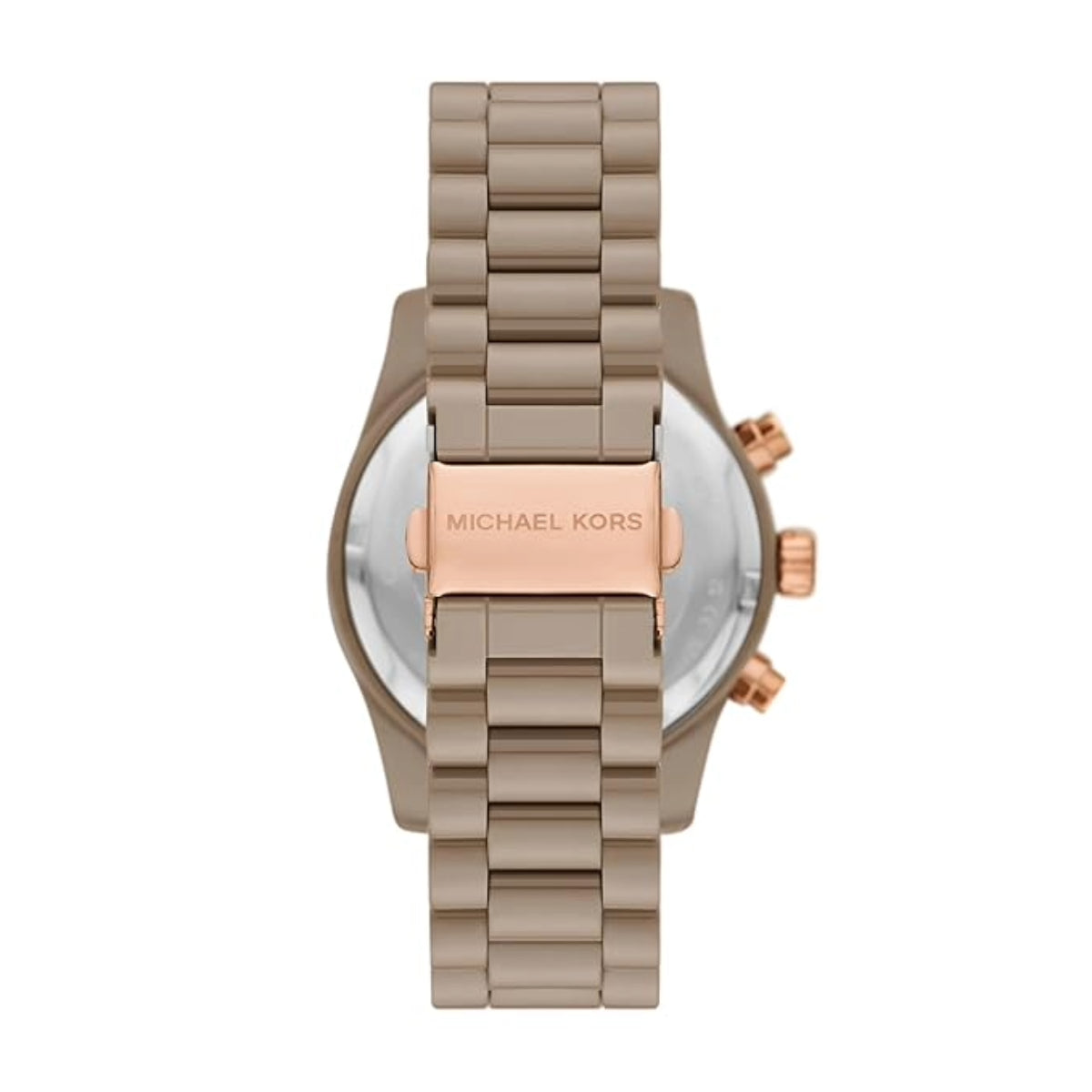 Michael Kors watch with beige metal band and rose gold case on white background