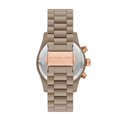 Michael Kors watch with beige metal band and rose gold case on white background