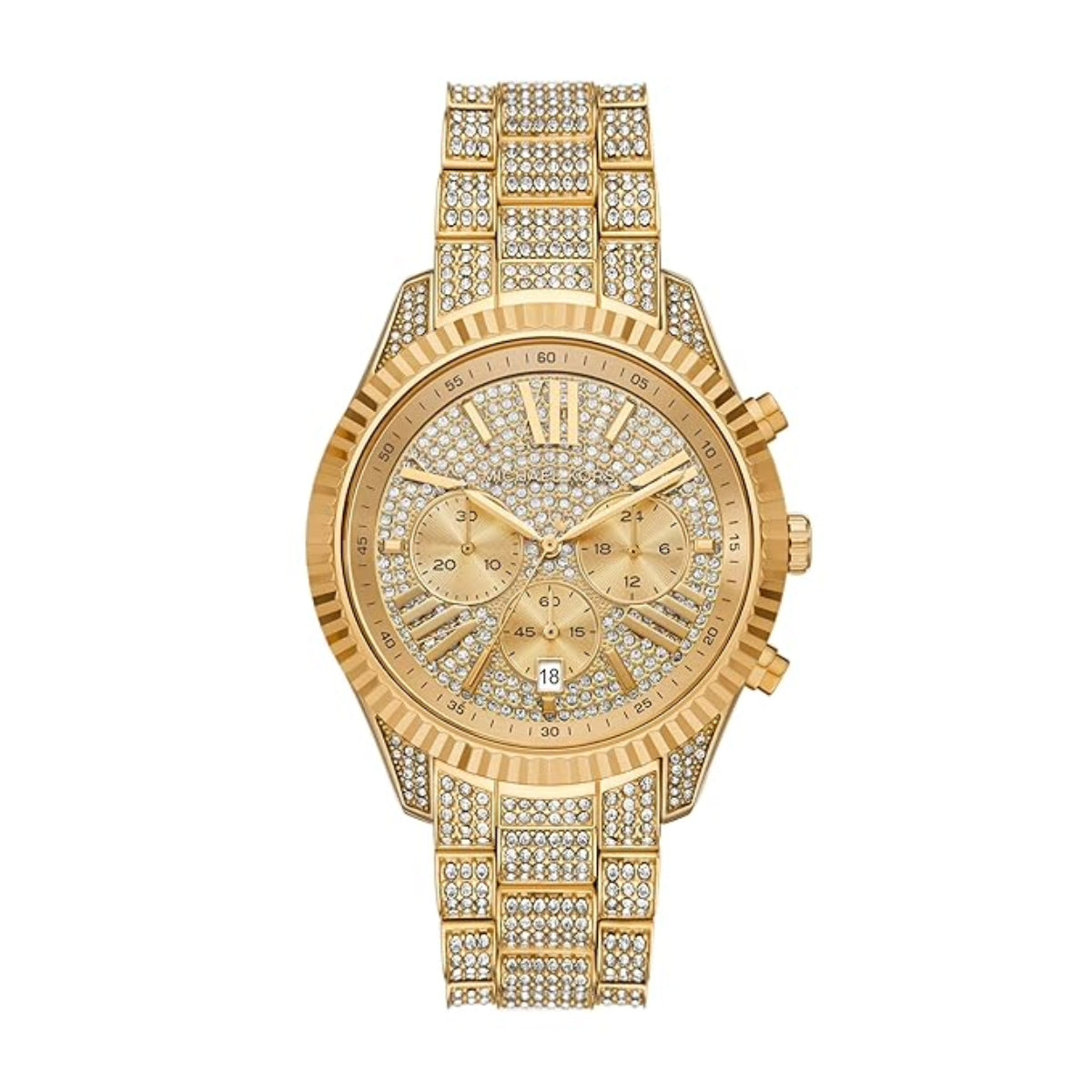 Gold watch with diamond-studded band on a white background