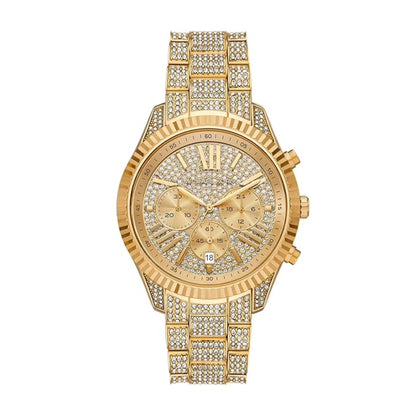 Gold watch with diamond-studded band on a white background