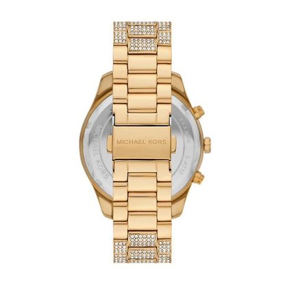 Gold Michael Kors watch with decorative band on a white background