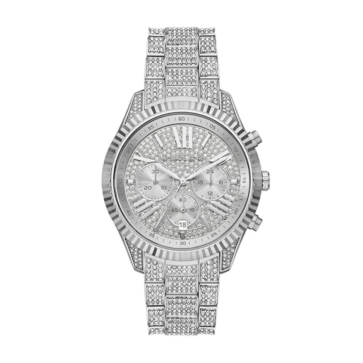 Silver watch with intricate design on a white background