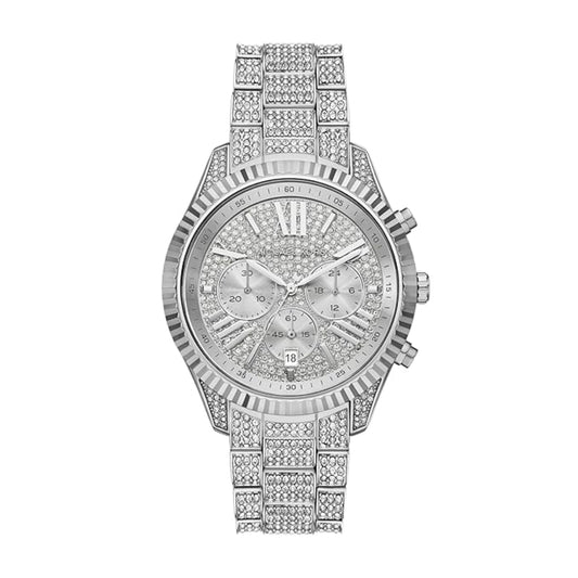 Silver watch with intricate design on a white background