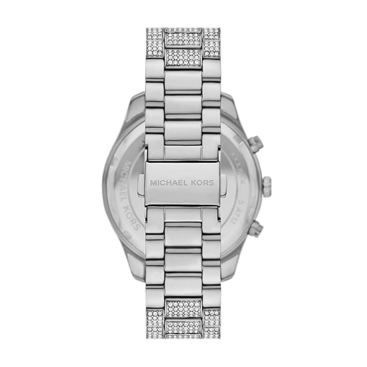 Silver Michael Kors watch with a detailed bracelet on a white background