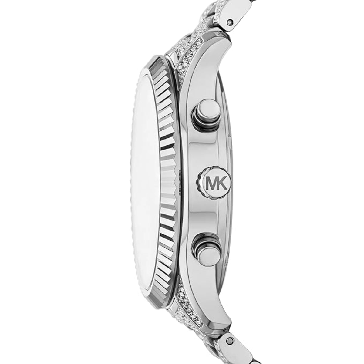Silver watch with Michael Kors logo on a white background