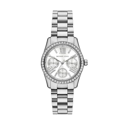 Silver watch with a detailed face on a white background