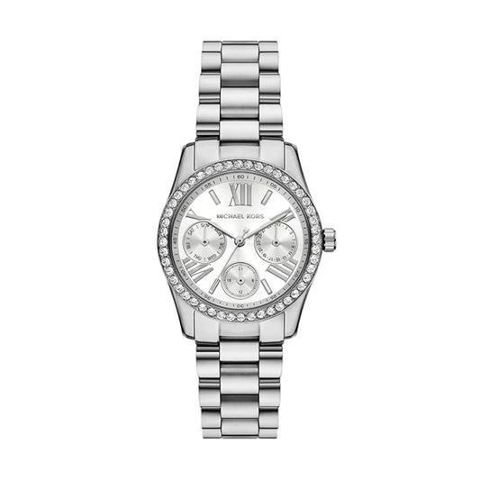 Silver watch with a detailed face on a white background