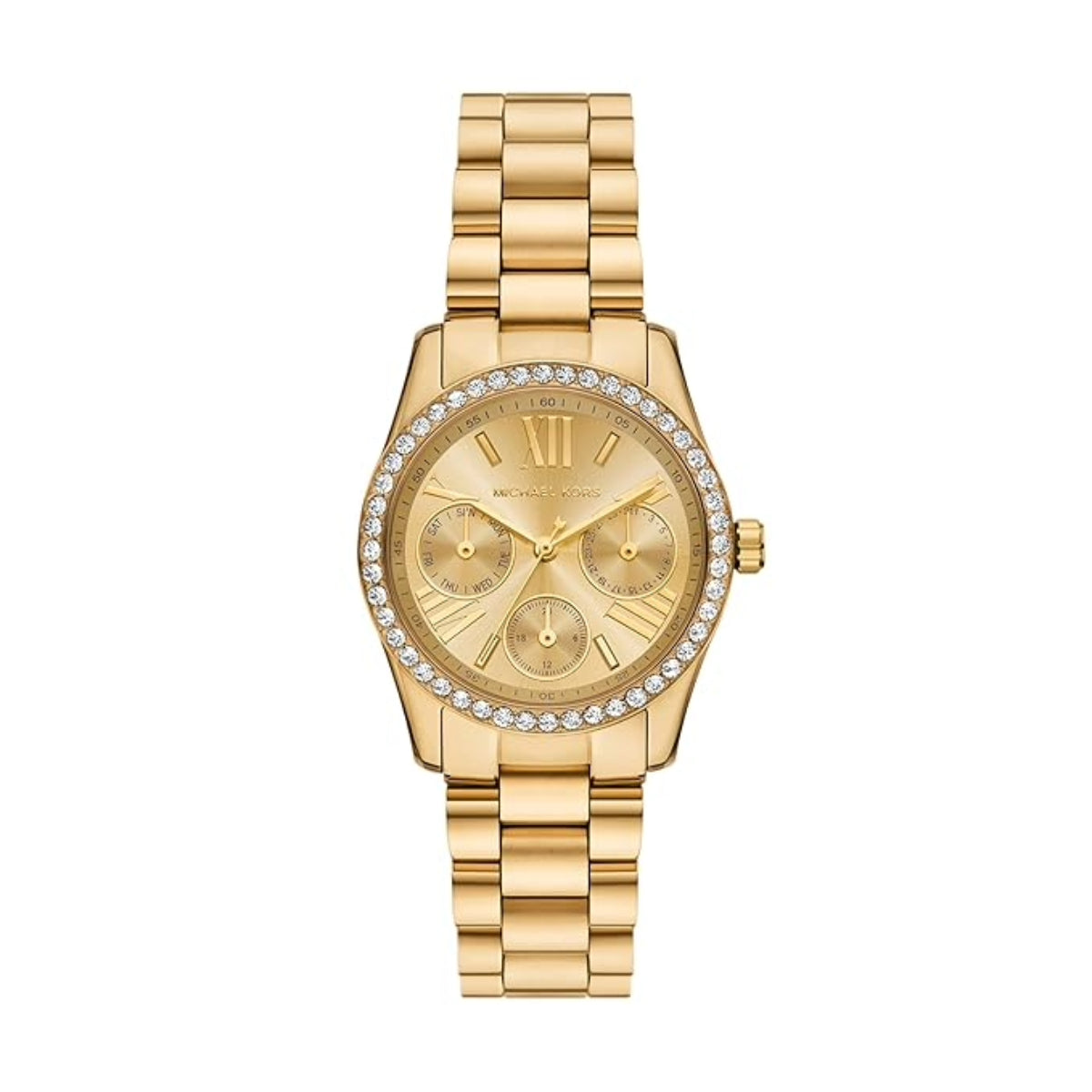 Gold watch with diamond-studded bezel on a white background