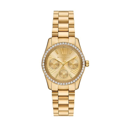Gold watch with diamond-studded bezel on a white background