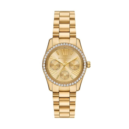Gold watch with diamond-studded bezel on a white background