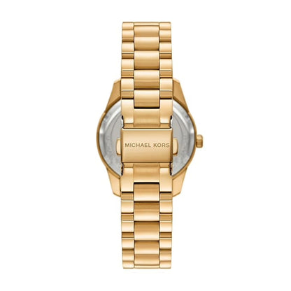 Gold watch with Michael Kors logo on a white background