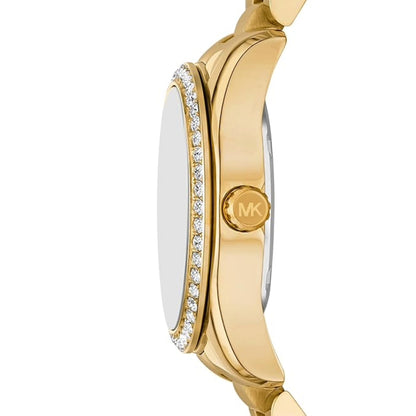 Gold watch with diamond accents on a white background
