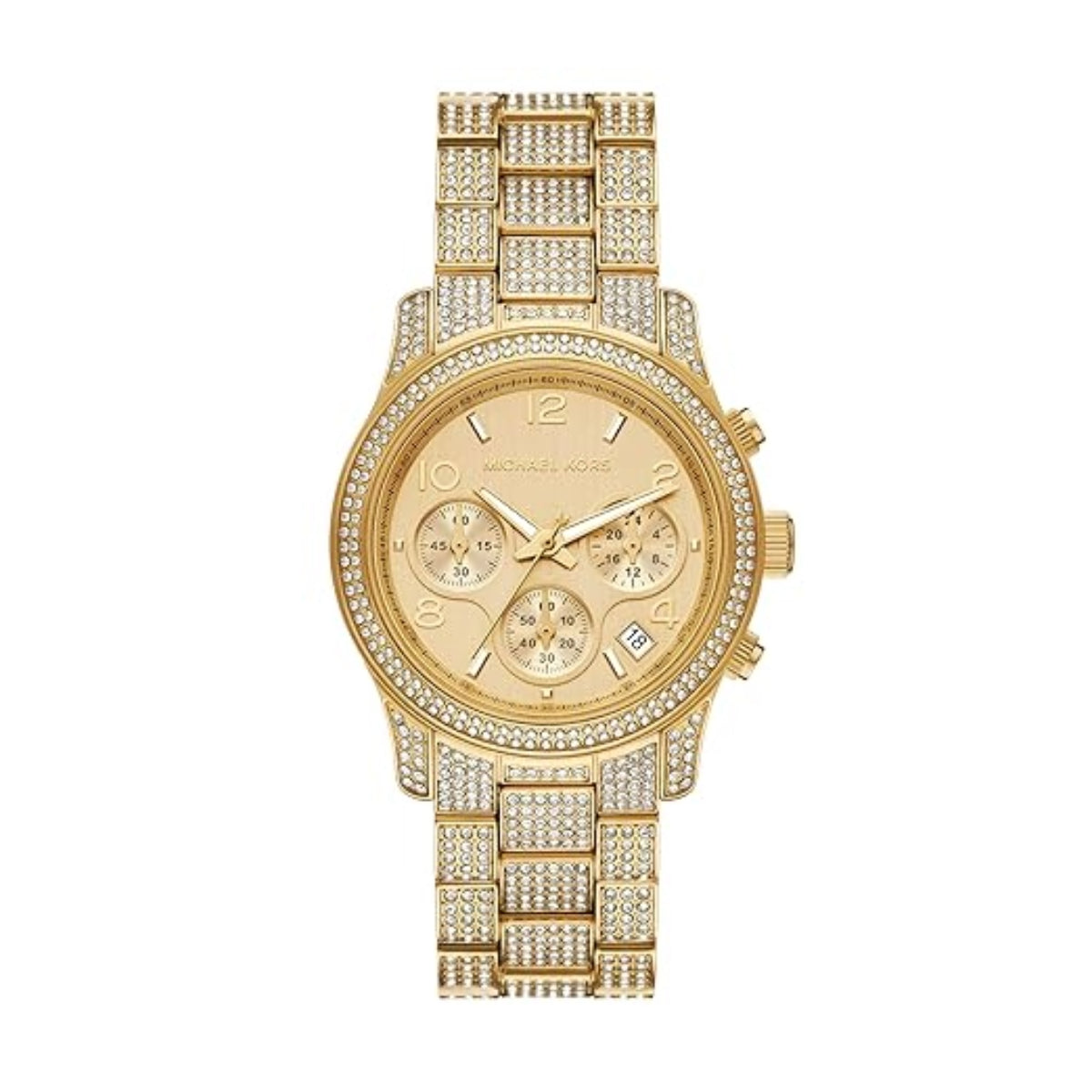 Gold watch with diamond-studded band on a white background
