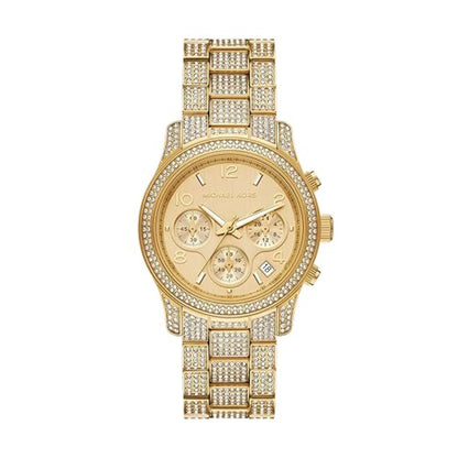Gold watch with diamond-studded band on a white background