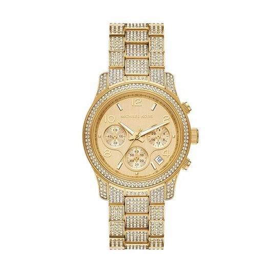 Gold watch with diamond-studded band on a white background