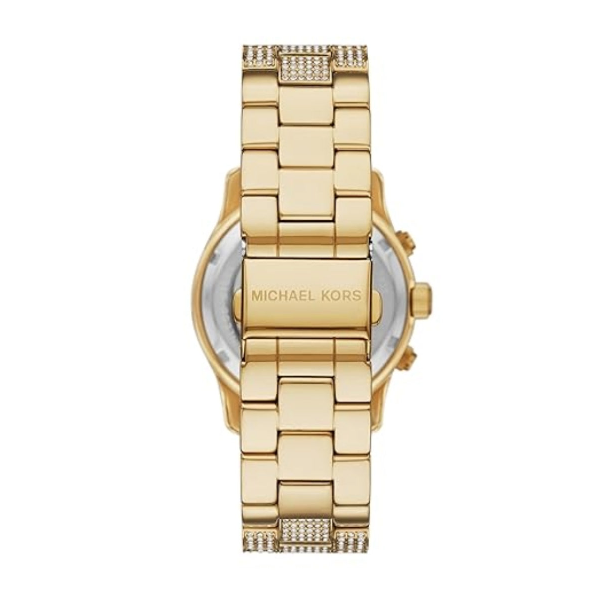 Gold watch with 'Michael Kors' branding on a white background