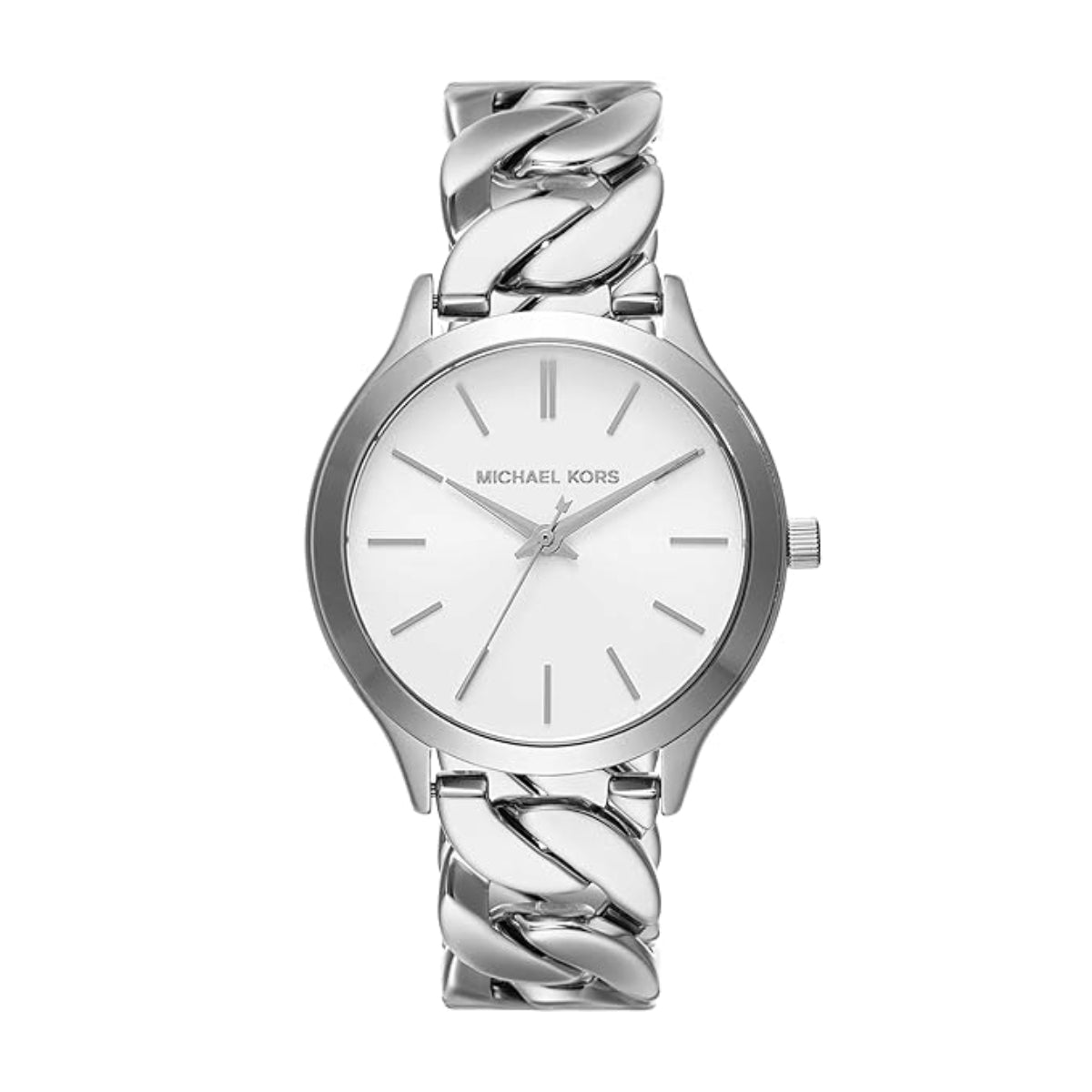 Silver watch with braided strap on a white background