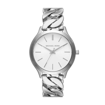 Silver watch with braided strap on a white background