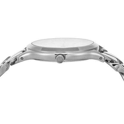 Close-up of a silver watch on a white background