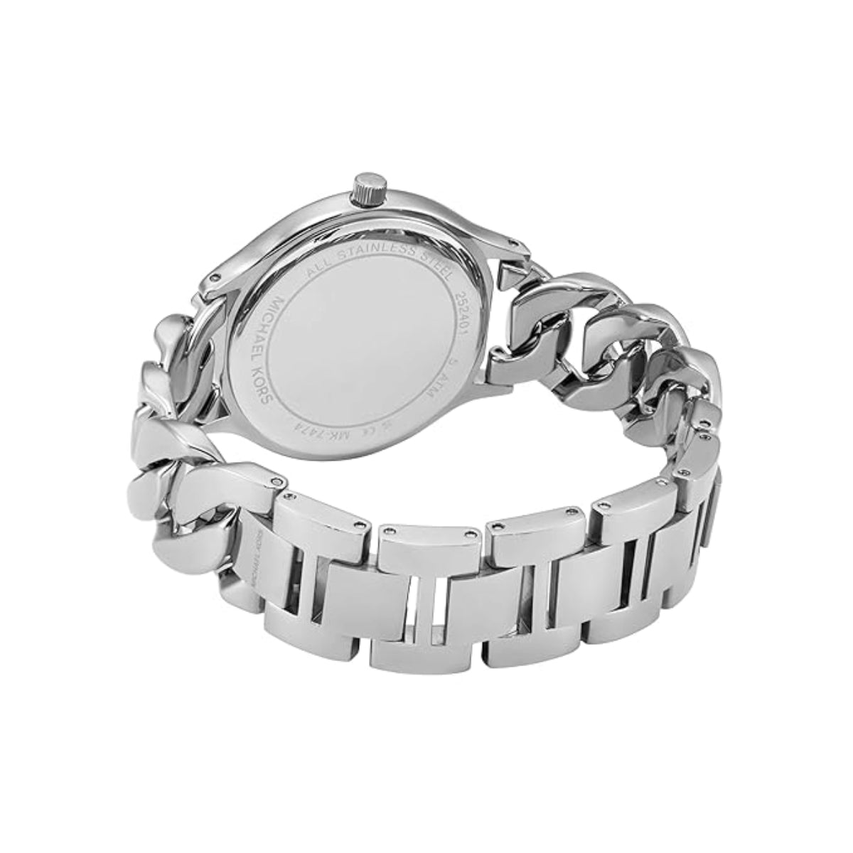 Silver watch with chain-like bracelet on a white background