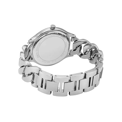 Silver watch with chain-like bracelet on a white background