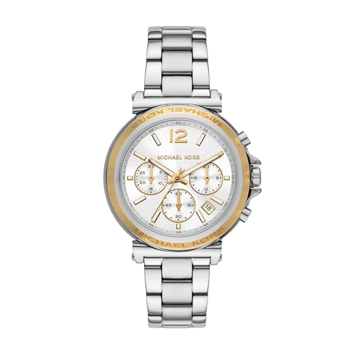 Silver and gold watch with white face on a white background