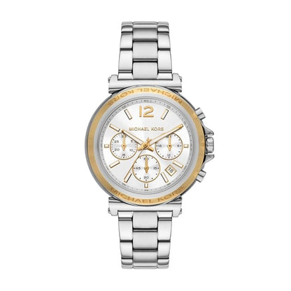 Silver and gold watch with white face on a white background