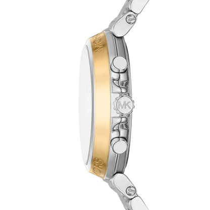 Close-up of a Michael Kors watch with two-tone band on a white background