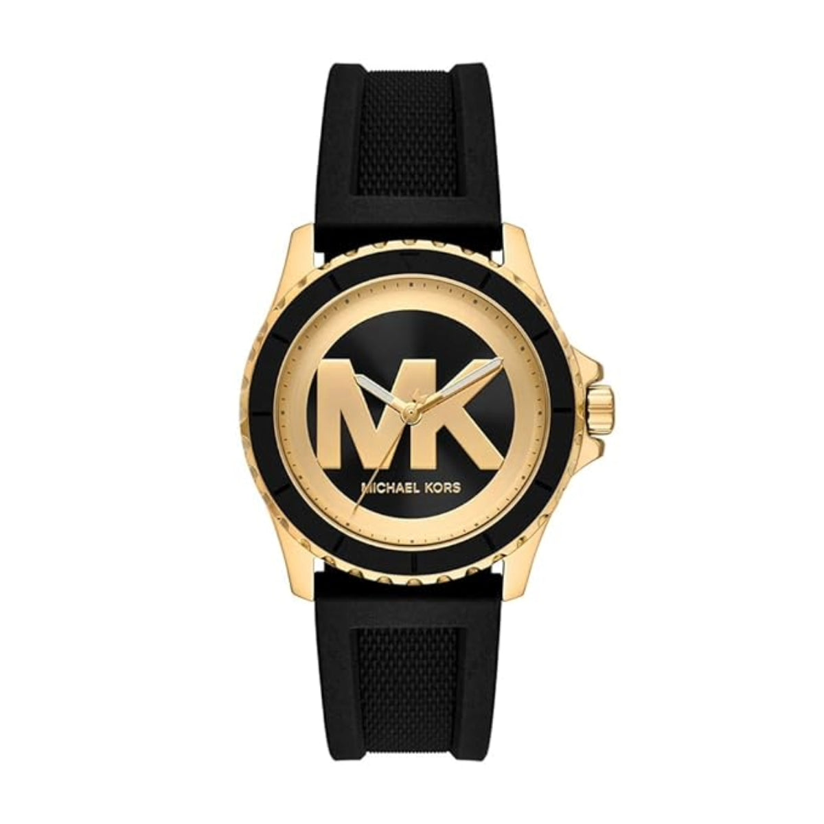 Michael Kors watch with black strap and gold case on a white background