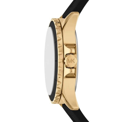 Gold watch case with black strap on a white background