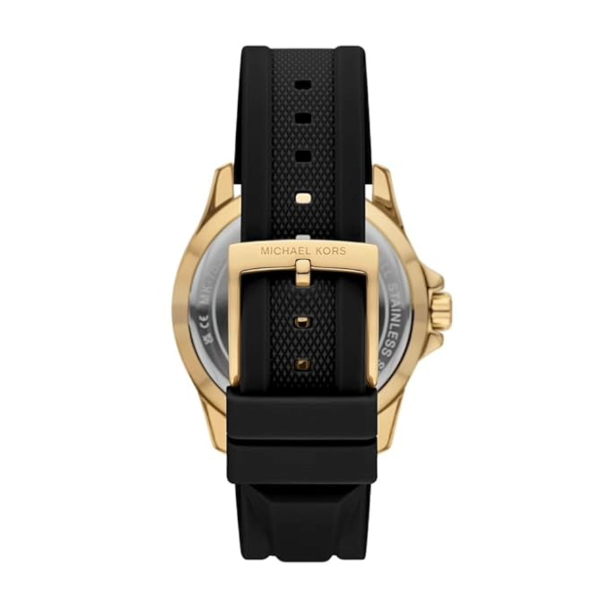 Black watch with gold case and black strap on a white background