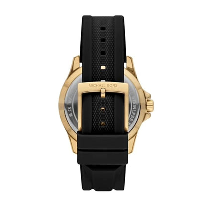 Black watch with gold case and black strap on a white background