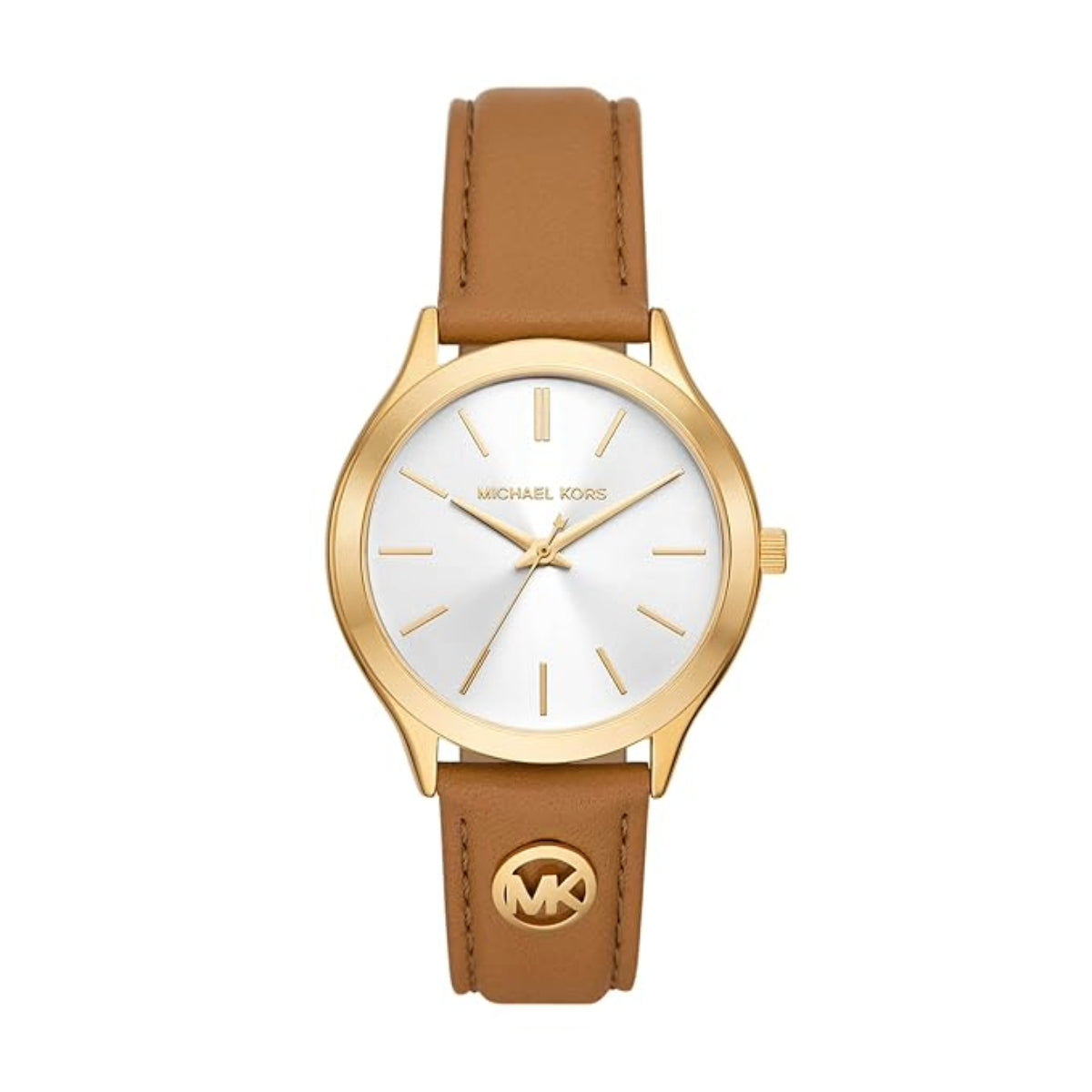 Michael Kors watch with gold case and brown leather strap on a white background