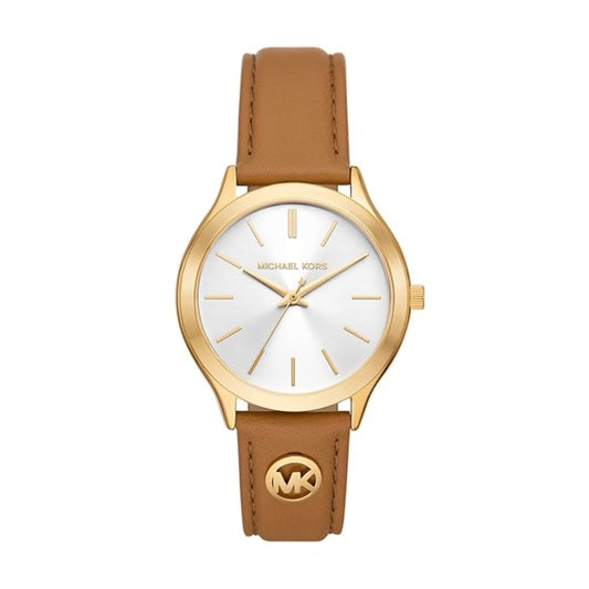 Michael Kors watch with gold case and brown leather strap on a white background
