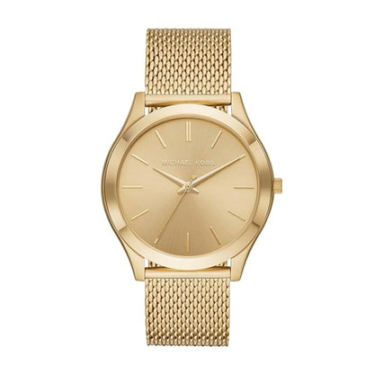 Gold watch with mesh band on a white background