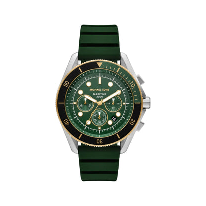Green watch with a detailed face on a white background