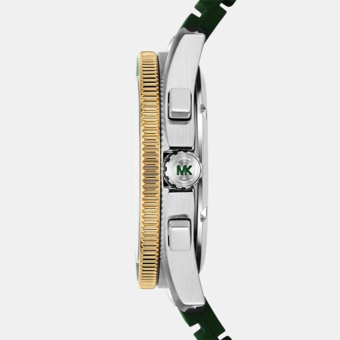 Close-up of a watch with a gold and silver band on a white background