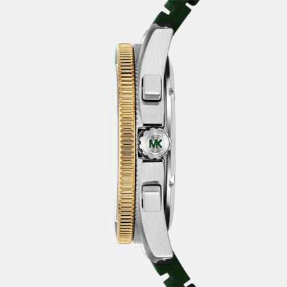 Close-up of a watch with a gold and silver band on a white background