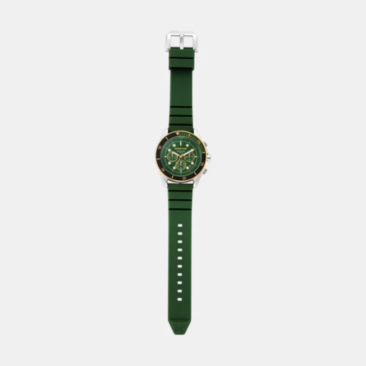 Green watch with a detailed face on a white background