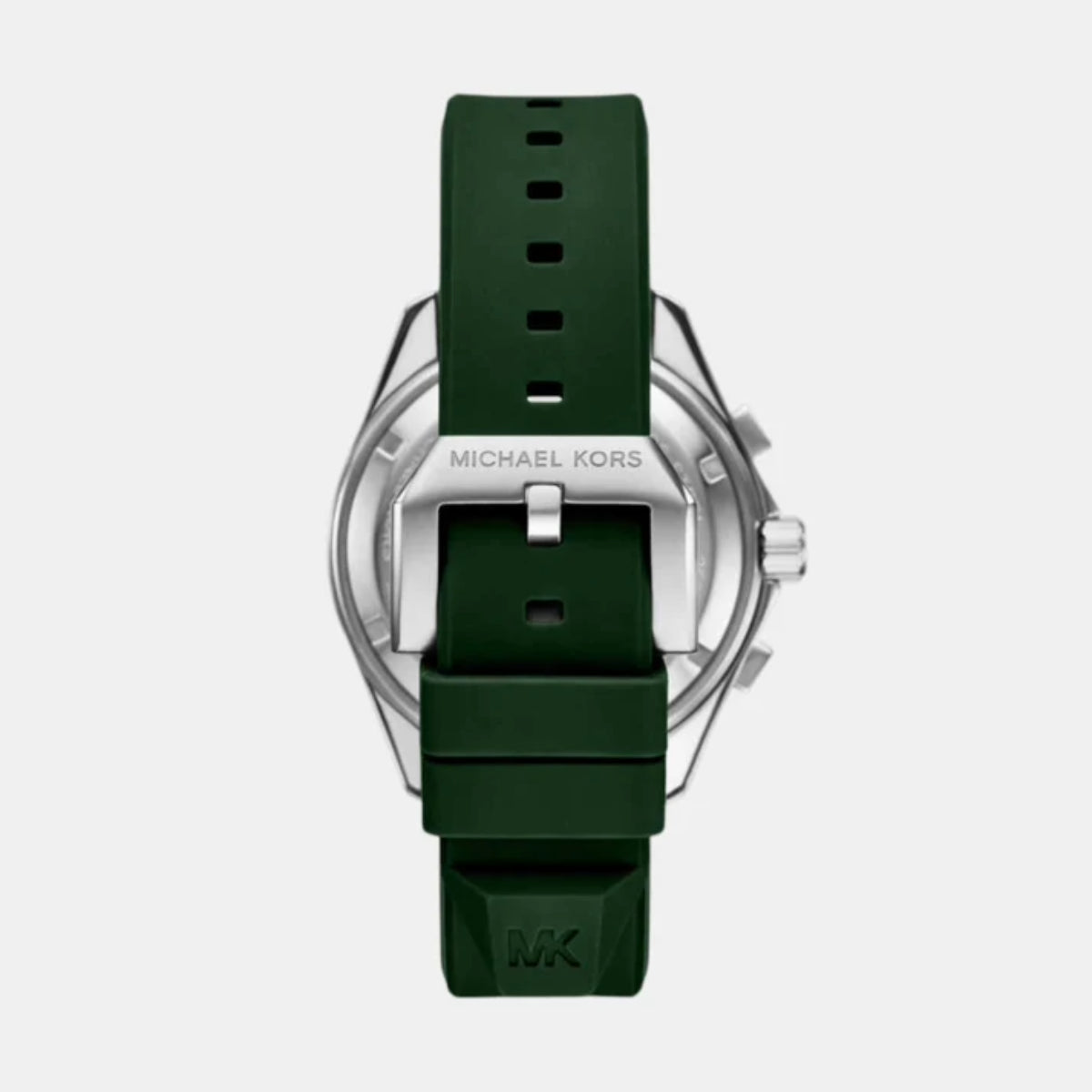 Green watch with silver case and Michael Kors logo on a white background