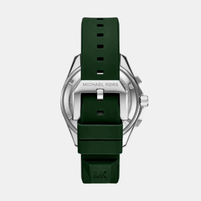 Green watch with silver case and Michael Kors logo on a white background