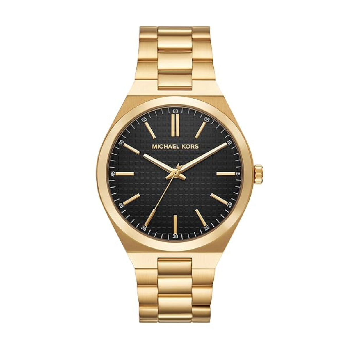 Gold watch with black dial on a white background