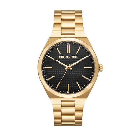 Gold watch with black dial on a white background