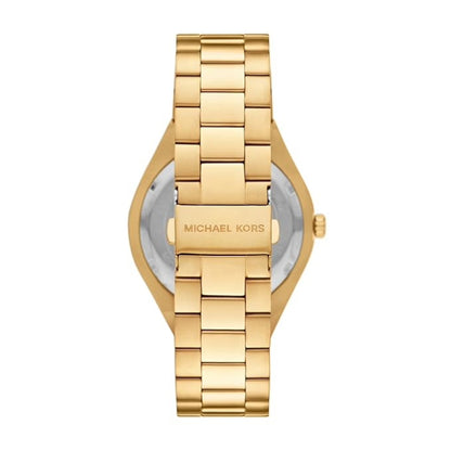 Gold watch with 'Michael Kors' branding on a white background