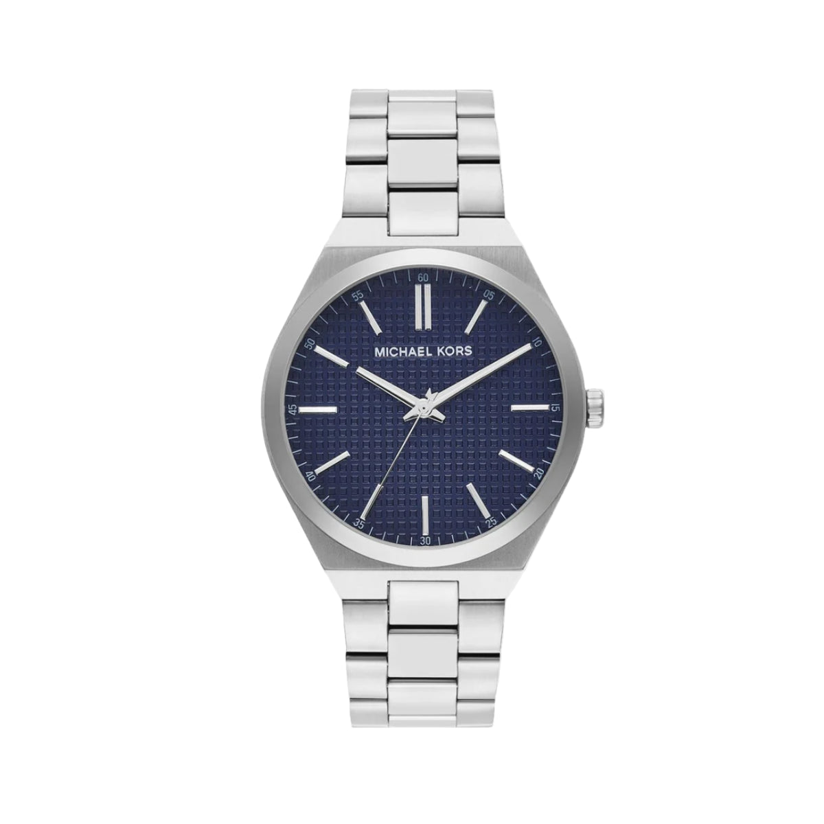 Silver watch with blue dial on a white background