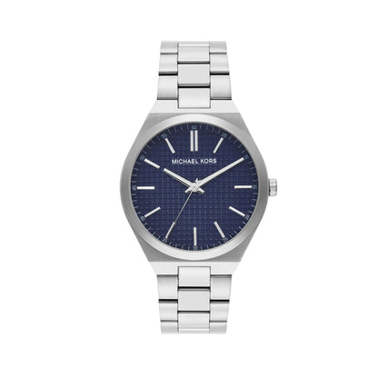 Silver watch with blue dial on a white background