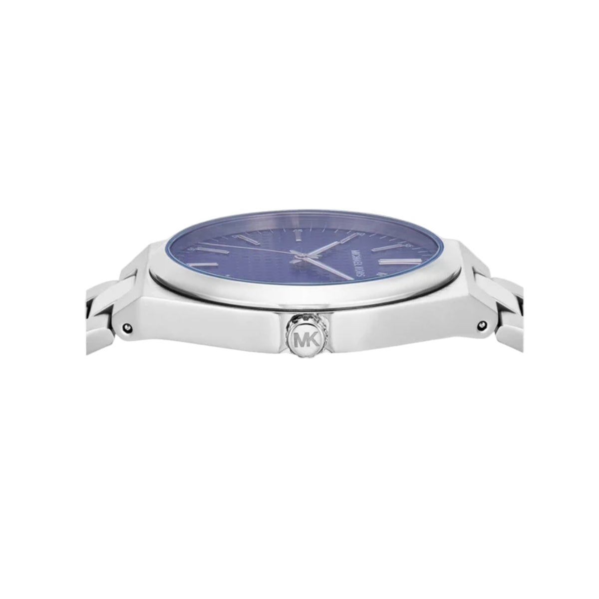 Silver watch with a blue face on a white background