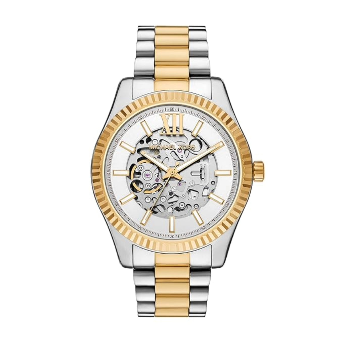 Two-tone silver and gold watch with a white face on a white background