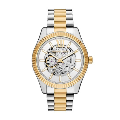 Two-tone silver and gold watch with a white face on a white background