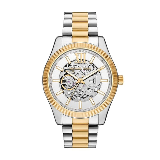 Two-tone silver and gold watch with a white face on a white background